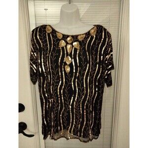 Exotica Black Silk Gold Sequin Women  Blouse Top Size Large